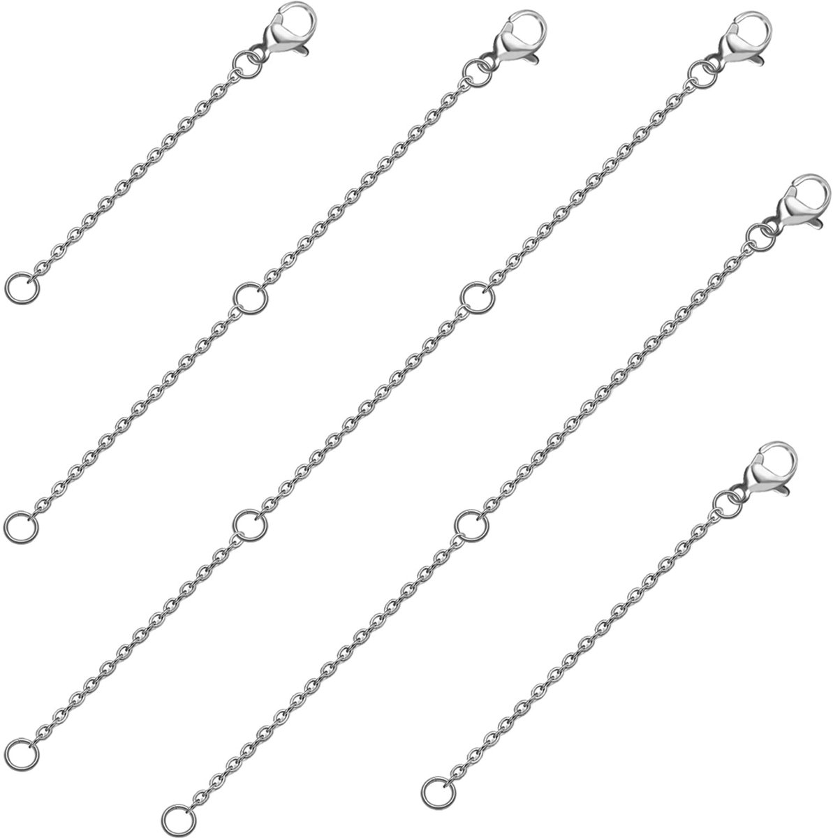 5 stuks verlengketting van roestvrij staal, ketting 50 mm, 75 mm, 100 mm, 130 mm, 150 mm, met karabijnsluitingen voor halskettingen, armbanden, doe-het-zelf sieraden maken, rvs