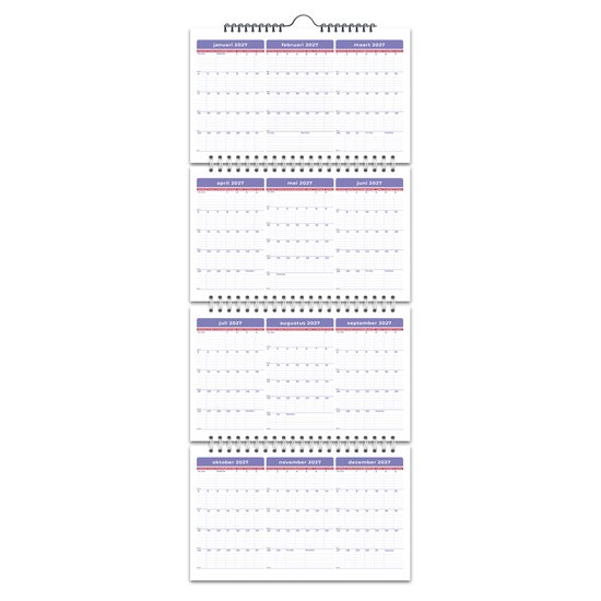 Een 2027 kalender opgerold met de maanden januari, februari en maart bovenaan. Onder zijn april, mei, juni, juli, augustus, september, oktober, november en december.