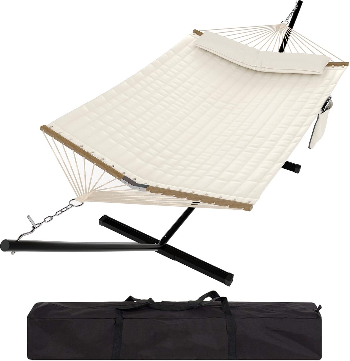 Hangmat Met Stalen Standaard - Schommelbed Outdoor - Draagtas - Afneembaar Kussen En Mat - V-Vorm Spreidstok - 200kg Draagvermogen - Voor Tuin Strand Zwembad Binnen Buiten - Beige
