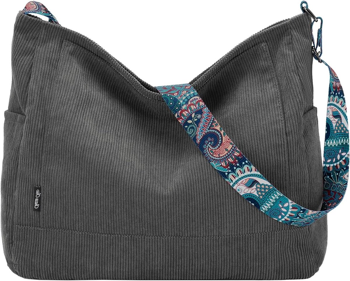 Corduroy Tote Bag - Schoudertas Hobo - Dagelijks Gebruik - Grote Capaciteit - 36.5 x 15 x 33 cm - Grijs