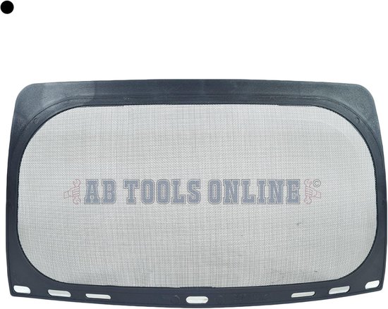 Zwart stalen vizier met 'AB TOOLS ONLINE' opdruk voor gezichtsbescherming.