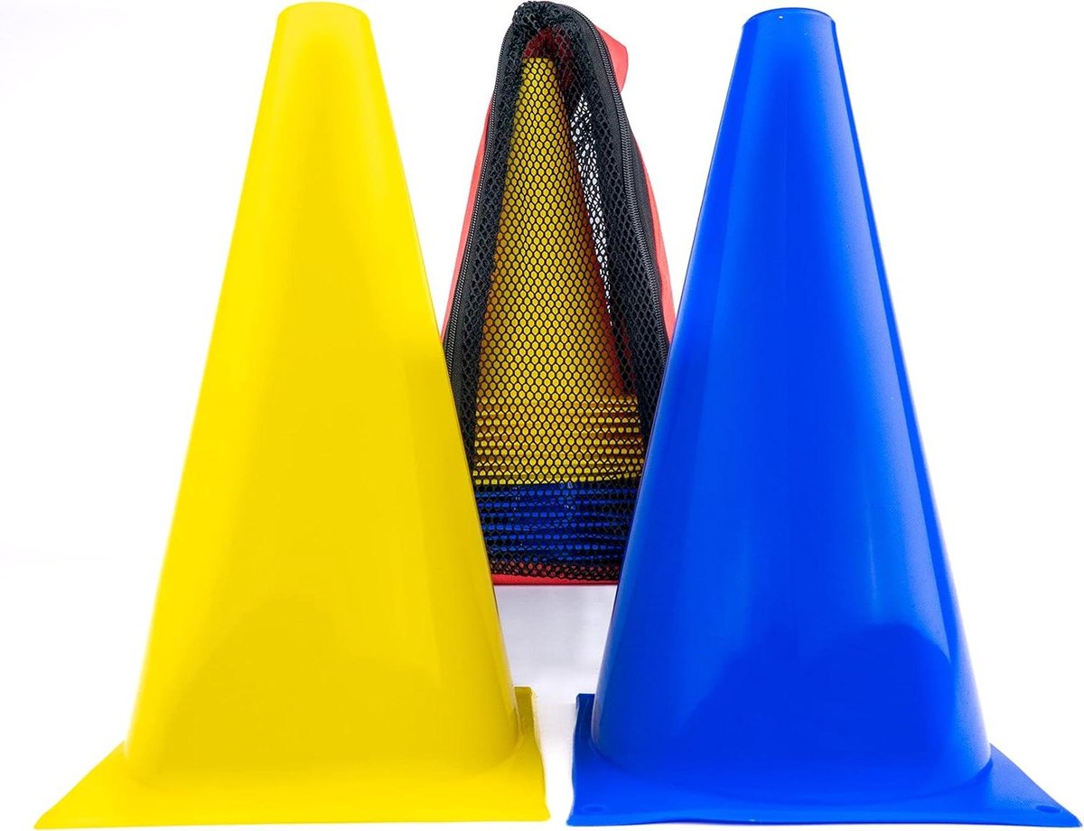 Sporthoedjes Set - Markeerpylonen Kegels - Training Parcour Bouwen - Onbreekbare Constructie - 23 cm Hoog - Geel Blauw