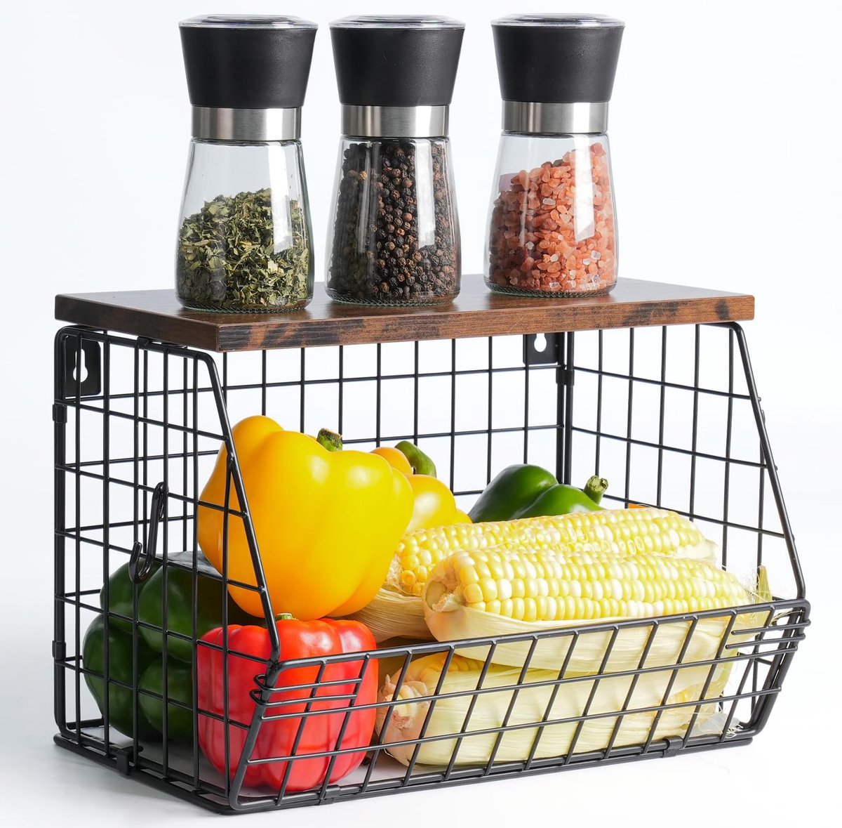 Stapelbare hangende mand met 2 niveaus aan de muur gemonteerd, fruitmand voor keukenblad, draadmanden met houten deksel, uienmand, fruit- en groentenopslag, aanrechtorganizer