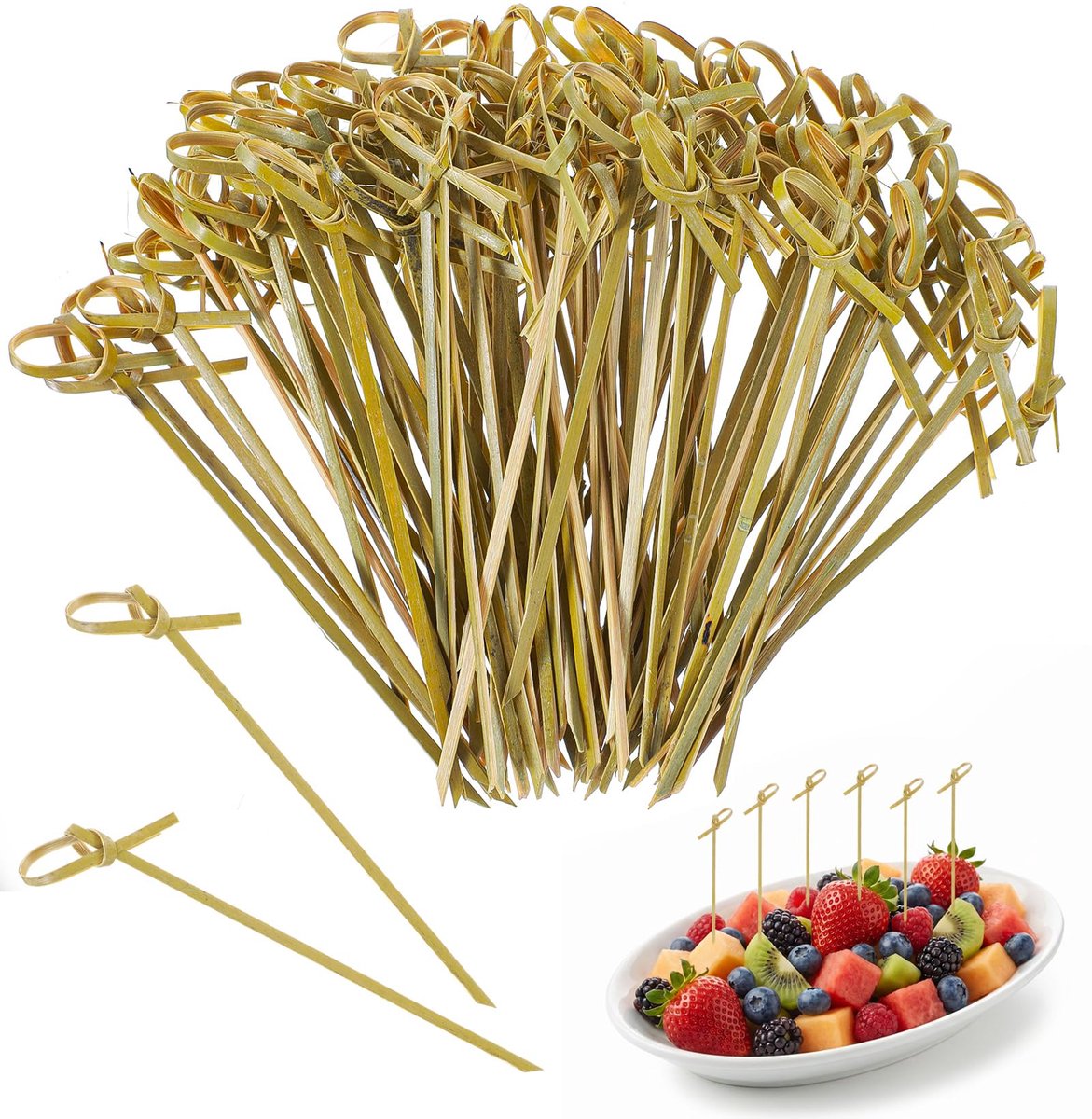 200 stuks bamboe houten spiesjes met knopen, shashlikspiesen, hout, 12 cm, tandenstokers, houten spiesen, fingerfood voor cocktails, kleine snacks, antipasti