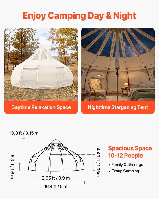 Canvas Bell Tent - 5 m Yurt Tipi Tent - 4 Seizoenen - Met Schoorsteenopening & Regenhoes - Polykatoen - Voor 12 Personen - Beige — afbeelding 4