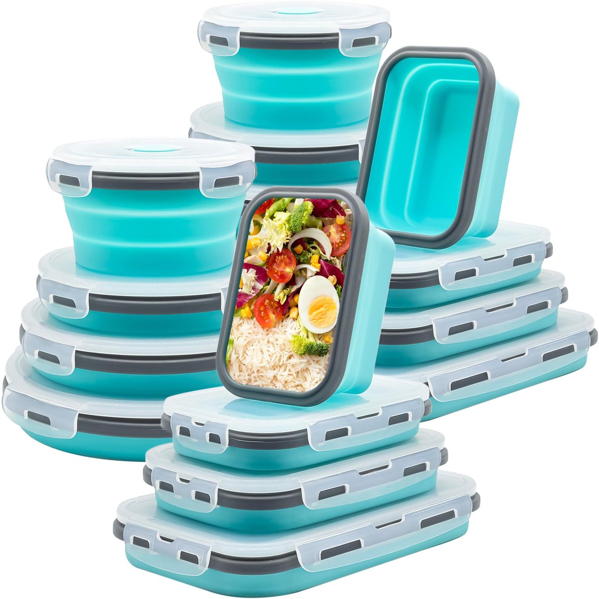 16 stuks opvouwbare vershouddozen met deksel, opvouwbare broodtrommel, opvouwbare kom van siliconen voor snacks, maaltijden, resten, onderweg en thuis, blauw