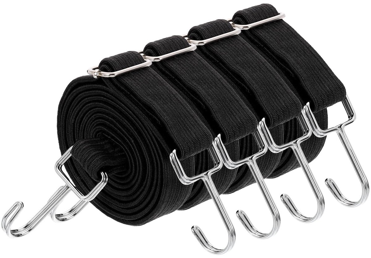 4 stuks verstelbare spanbanden met haken, 190 cm, platte zware elastische elastieken met gesp, voor outdoor, camping, zeil, fietsendrager, bagage, zwart