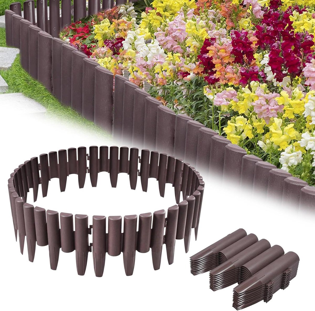 Kunststof Gazonrand - Perkrandomranding Tuinpaal - Tuin Opruimen - Imitatie Hout Structuur - 28 meter - Bruin