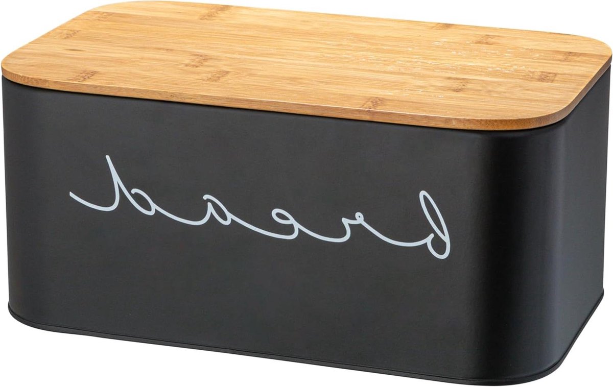 Metalen Broodtrommel - Brooddoos Keuken - Brood Vers Houden - Bamboe Deksel - 2985 x 1334 x 1778 cm - Zwart