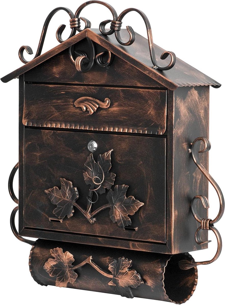 Brievenbus met decoraties - Wandbrievenbus afsluitbaar - Post ontvangen - Gesmede elementen - 37 x 54 cm - Zwart/koper