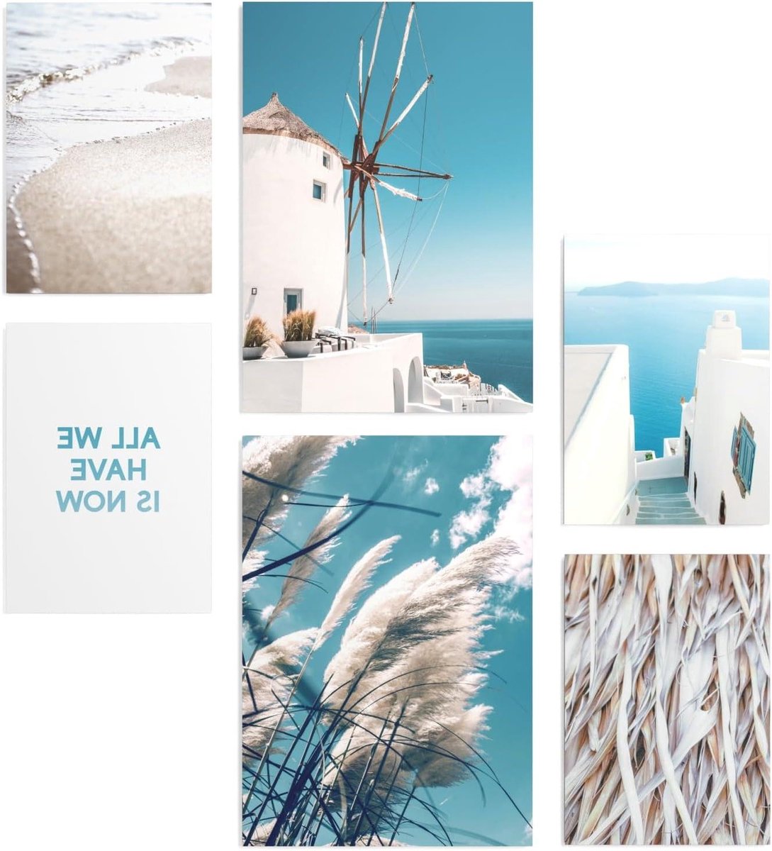 Poster Set Griekenland - Wanddecoratie Set - Woonkamer Decoratie - Matte Afwerking - 2x A4 en 4x A5 - Blauw Wit