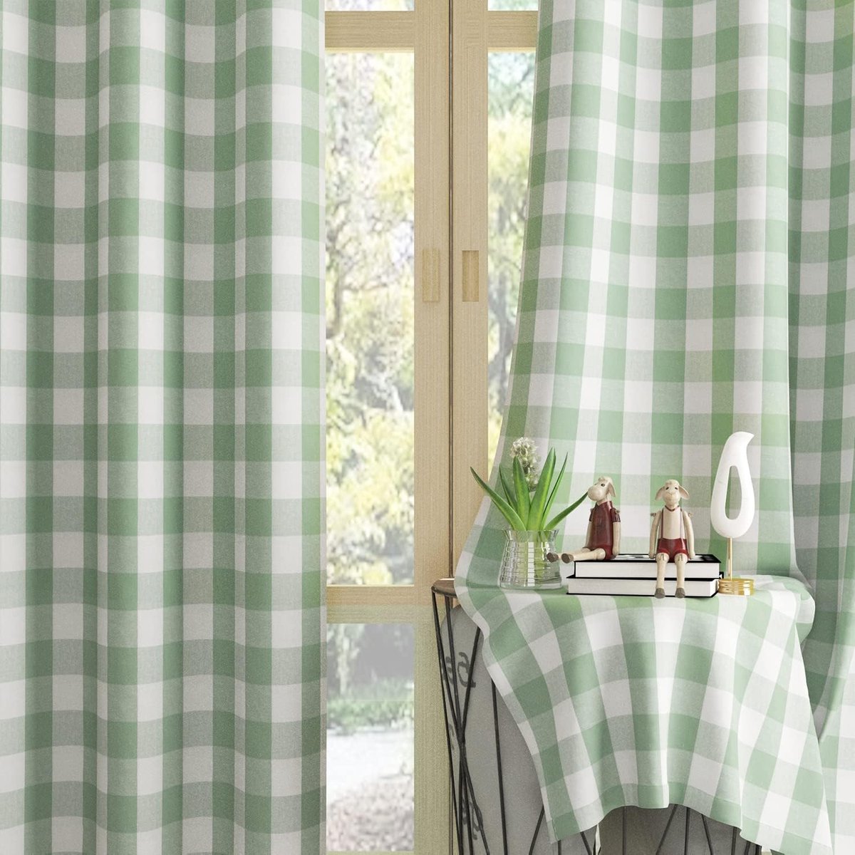 Gordijnen voor Windows Buffalo Check Plaid Gingham Patroon Staaf Pocket Katoen Gordijn Panelen 63 "Lengte Boerderij Keuken Gordijnen 2 Panelen Woonkamer Slaapkamer Kelder Groen Wit 52"x63"