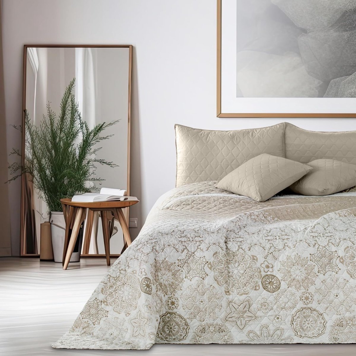 Sprei 170 x 270 cm beige wit cappuccino bedsprei met abstract patroon dubbelzijdig onderhoudsvriendelijk Alhambra