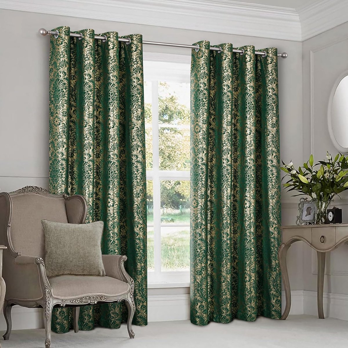 always4u 100% verduisteringsgordijn van fluweel met oogjes, thermisch isolerende gordijnen, tegen kou, glanzend metallic patroon, groen, 140 x 245 cm, 2 stuks