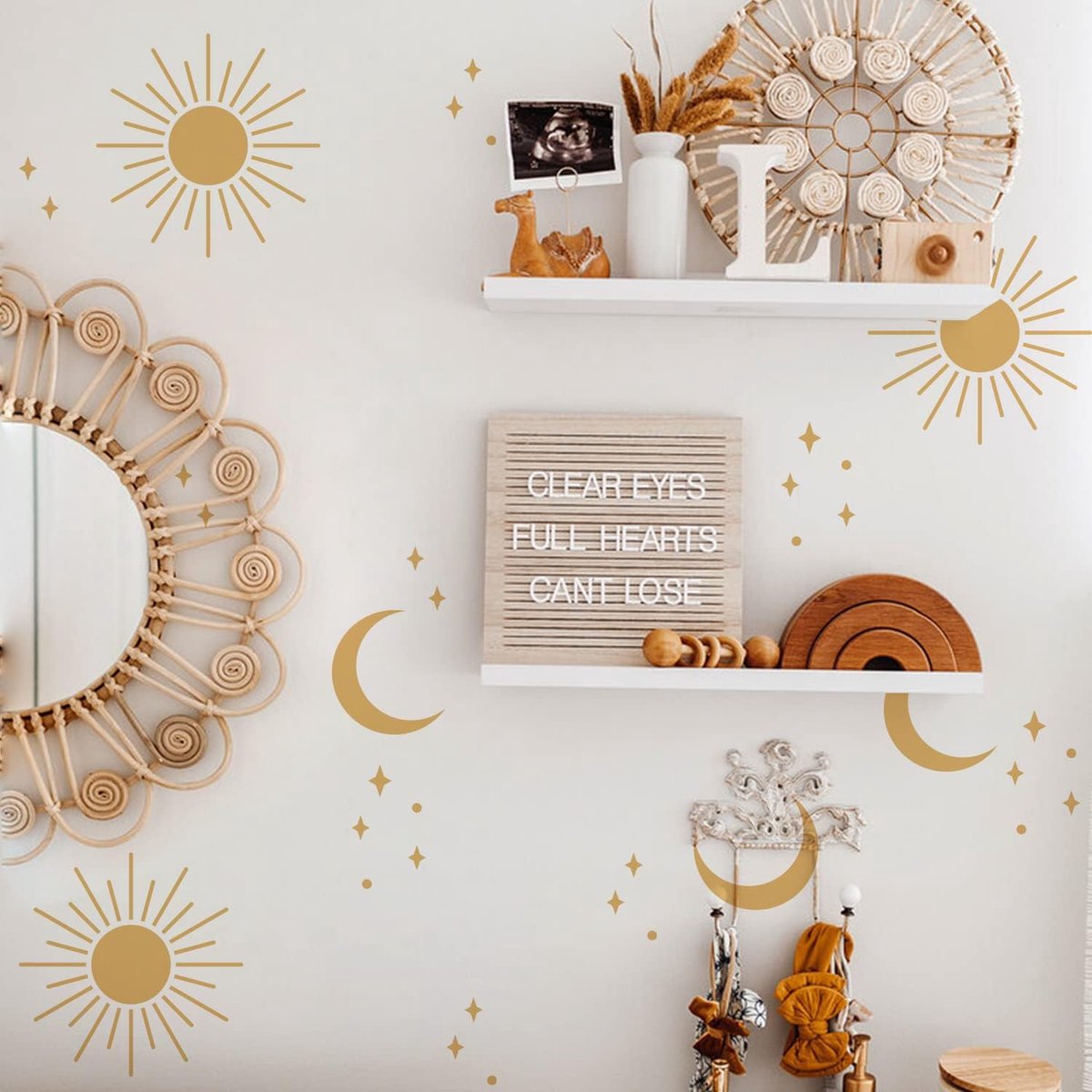 Muurstickers, zelfklevend, boho, zon, maan, sterren, muurstickers, kinderkamer, babykamer, muursticker, woonkamer, slaapkamer, hal, wanddecoratie