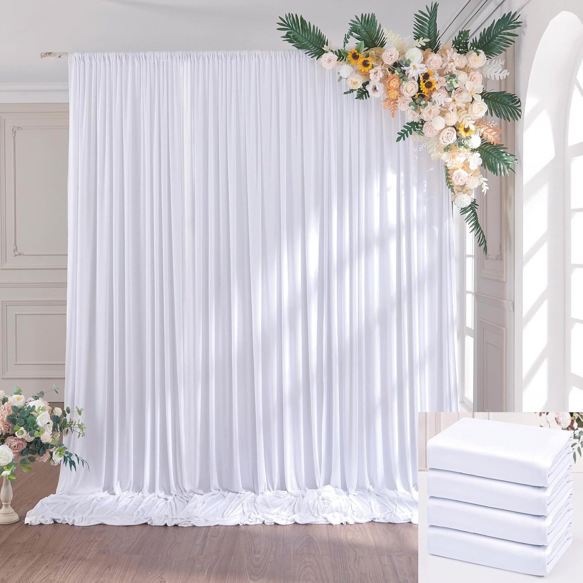 6×3 m witte bruiloftsachtergrond, 4 panelen 1,5×3m kreukvrije zijde polyester witte fotomuur achtergrond fotografie, verjaardagsfeest baby shower decoratie achtergrond gordijnen
