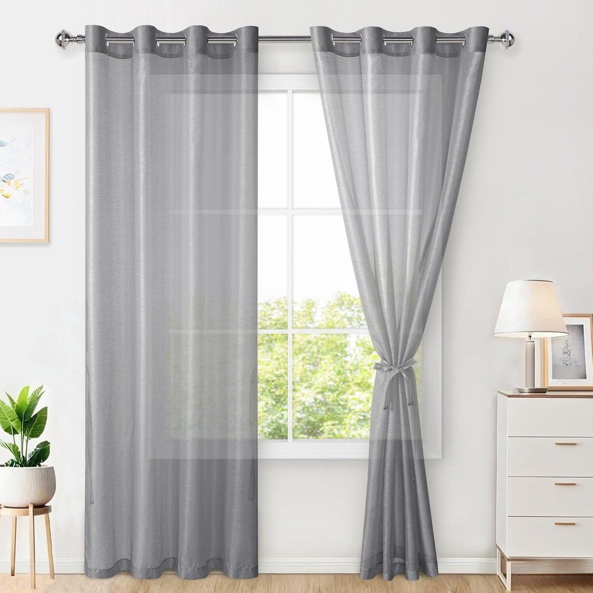 Glasgordijn, set van 2 gordijnen, voor woonkamer, met ingestanste ringen, transparant, doorzichtig, luchtig, decoratief, voor slaapkamer en woonkamer, 225 x 140 cm (H x B), donkergrijs