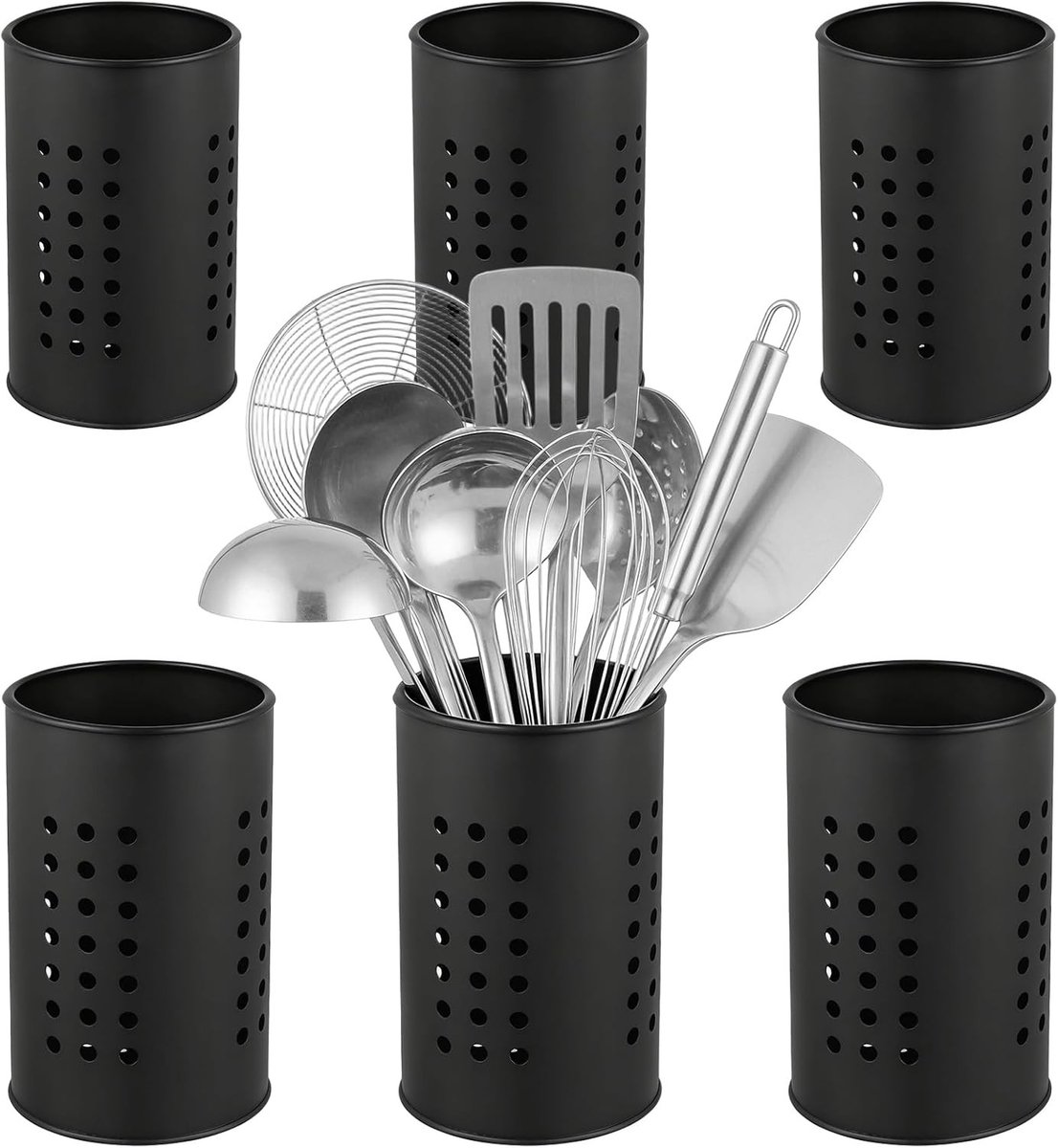 6-delige Keukenhulpmiddelen Houder Set, Zwart RVS Bestek Organizers, Robuuste Multifunctionele Keukenaccessoires, Ideaal voor Werkblad en Keukenopslag, 12 x 18 cm en 10 x 16,5 cm