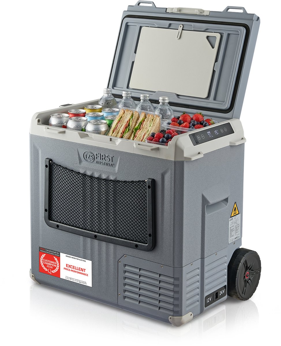 TZS First Austria Compressor Koelbox - 50L - Koelt tot -20°C - AC/DC 12V 24V 230V - App-bediening & Trolleyfunctie - 3-Traps Accubeveiliging