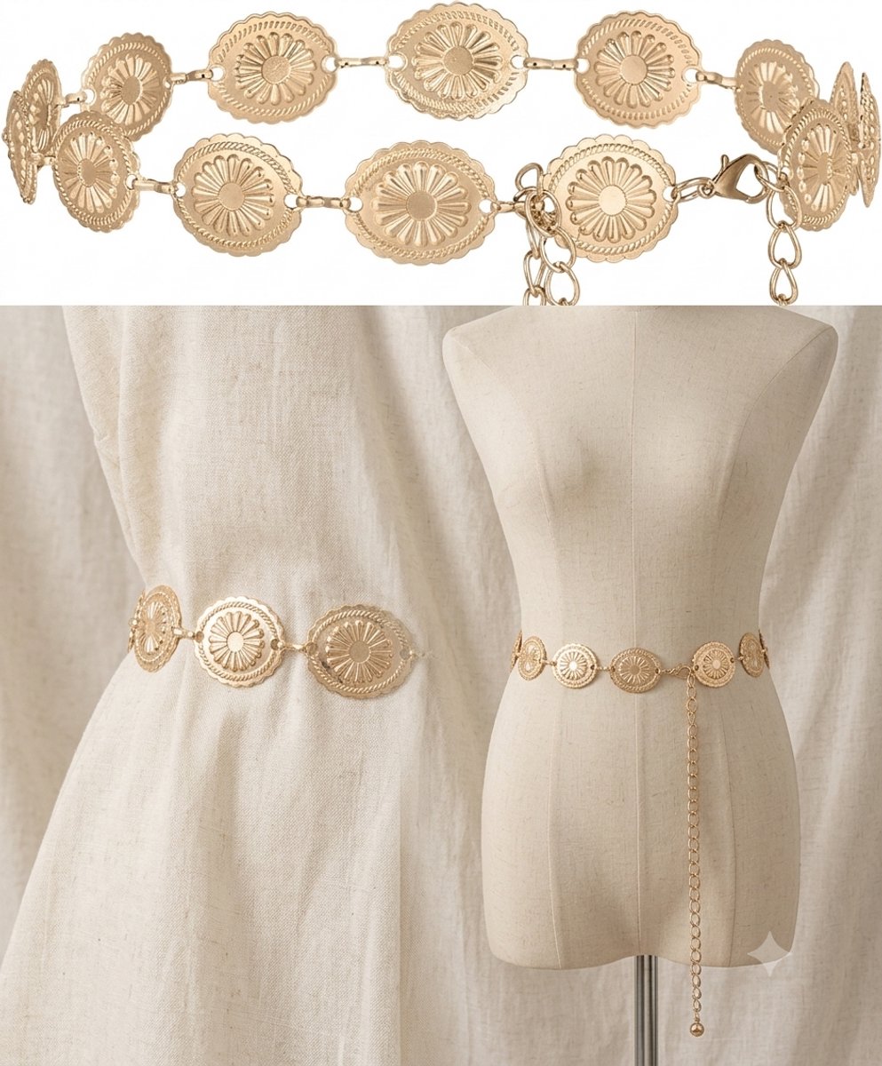 Livatto Western Gold Metal Concho Kettinggordel - Gouden Verstelbare Boho Tailleriem voor Vrouwen - 120 cm