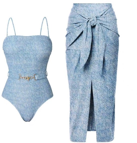 Élégant bikini et maillot de bain deux pièces pour femmes avec volants et col licou - Bretelles réglables - Maillot de bain résistant au chlore - bleu - S