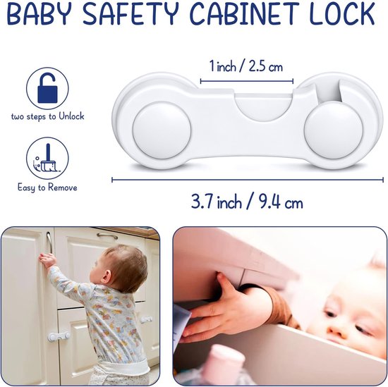 Witte babykastsloten, 9,4 cm lang, met 2 stappen te ontgrendelen en eenvoudig te verwijderen. Baby probeert een kast te openen.