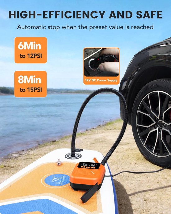 Elektrische SUP-pomp 20 PSI - 12V Auto, Snelle 2-traps Oppompfunctie — afbeelding 3