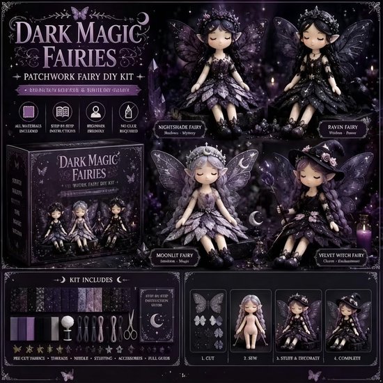 Kraftverdia 3D Fairy Patchwork DIY Kit – Fabric Craft Set with 4 Adorable Flower Fairy Designs, Handmade Sewing Project | Creative Fairy Themed DIY Set for Adults, Beginners, Craft Lovers & Friends – Zwarte Magie Fee – Zonder Geschenkverpakking
