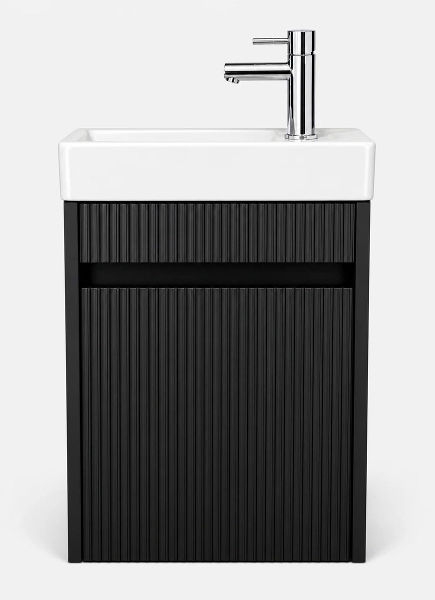 Zimmer Toiletmeubel Set 40 cm Mat Zwart – Fonteinkast met Keramische Wastafel, Chromen Kraan & Pop-up Waste