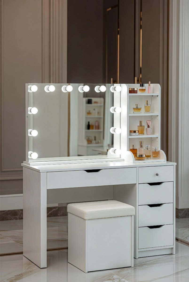 Hollywood Make-up Kaptafel met LED Spiegel & 3 Lichtkleuren – Schuifspiegel Design – 7 Open Vakken + Lade – Inclusief Kruk – Modern Design – 60x40x135 cm – Medahomestore
