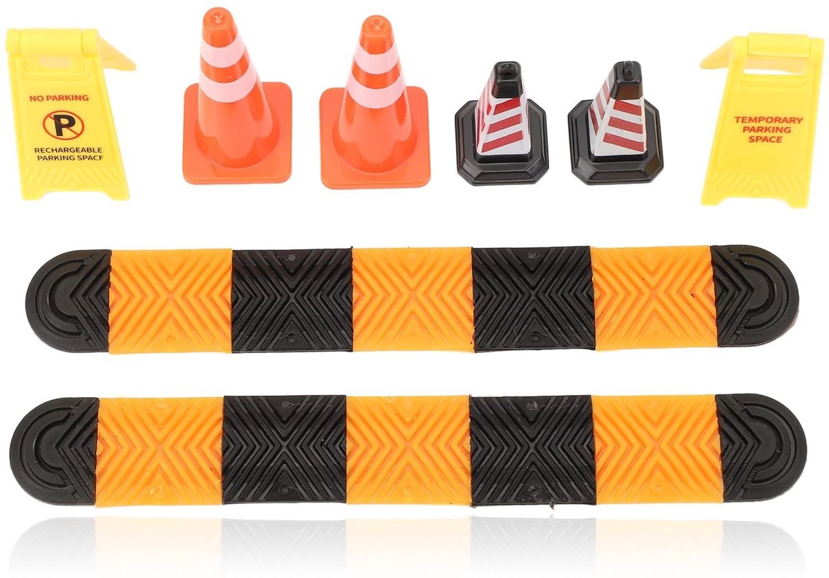 Dailygoods- Verkeerskegels 4 Stuks - Verkeersdrempels 2 Stuks - Waarschuwingsborden 2 Stuks - Duurzaam Kunststof - Voor 1/18 1/24 Schaal Modellen - Eenvoudig te Installeren - Modelauto Accessoires