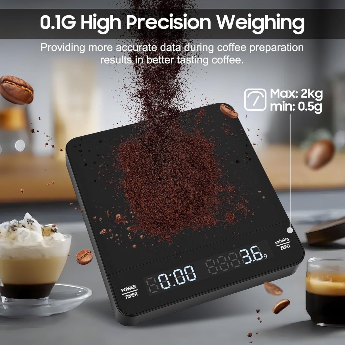 Koffieweegschaal - Zwart - 0,1 g Nauwkeurigheid - Dubbel Digitaal Display - Voor Thuis en Reizen