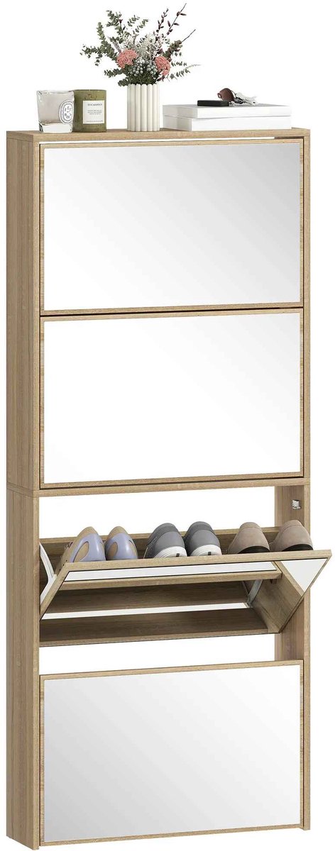 Bruinsma INEX Schoenenkast - Schoenenrek - Schoenenkast Met Vouwdeuren - Schoenenkast Met Spiegel -63Lx17Bx146H CM - Naturel