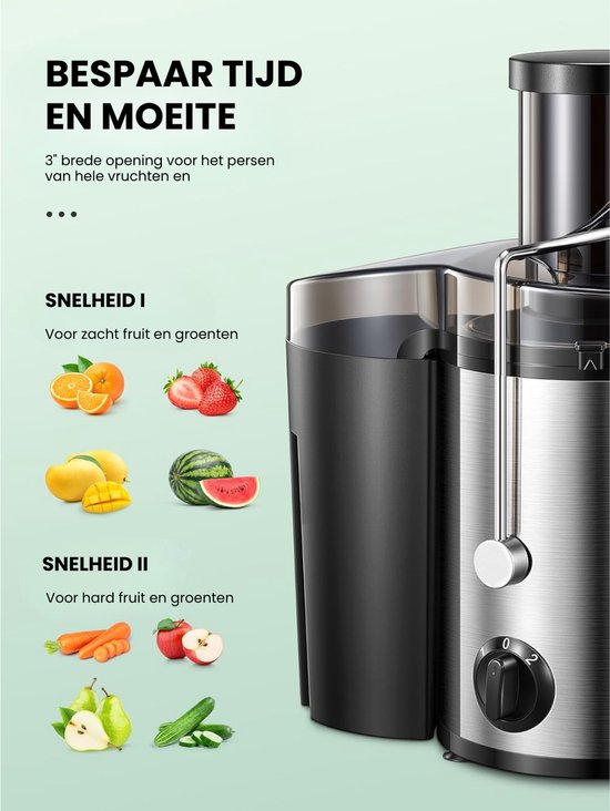 Ploutos® Sapcentrifuge - Professionele Sapcentrifuge - Krachtige Sapmachine voor Groenten en Fruit - Met Grote Vulopening - Zwart en Zilver - 34cm x 20cm x 31cm van Ploutos — afbeelding 2