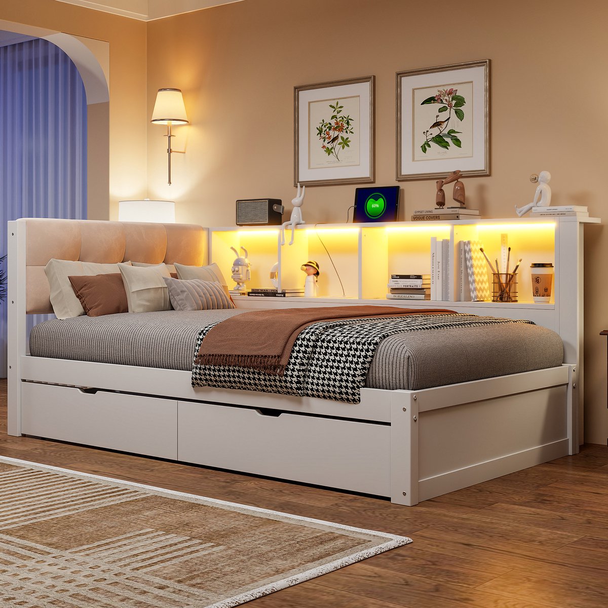 Slaapbank, Dagbed 90x200cm, Eenpersoonsbed (Zonder Matras), Met Lades, Met Dimbare Ledstrip, Met Praktische Plank, Met USB-Poort, Grenenhout