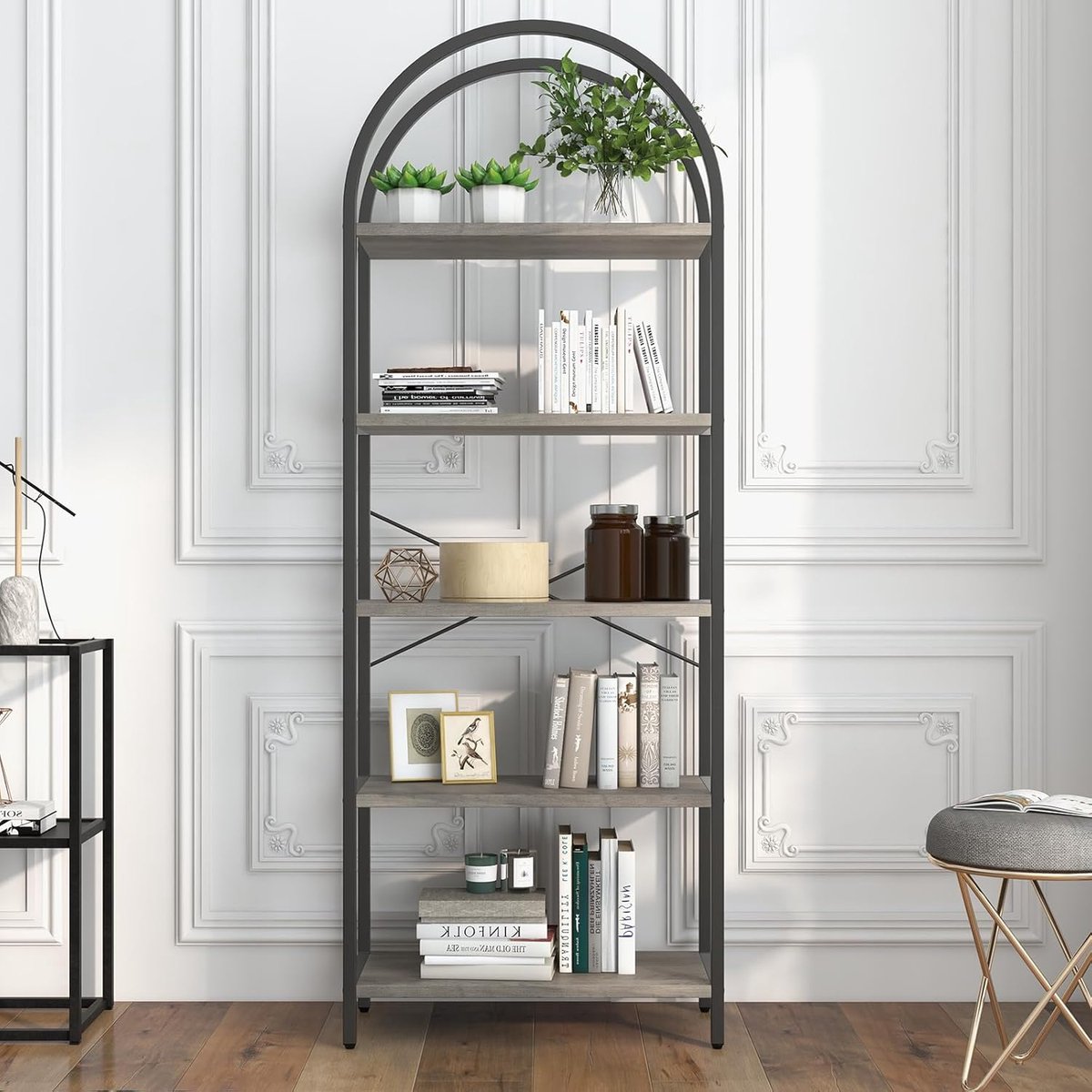 Boekenkast- gebogen boekenkast met 5 planken-hoge plank voor cd's/boeken- opbergplank voor thuis of op kantoor- moderne boekenkast voor slaapkamer/woonkamer- moderne stijl- zwart