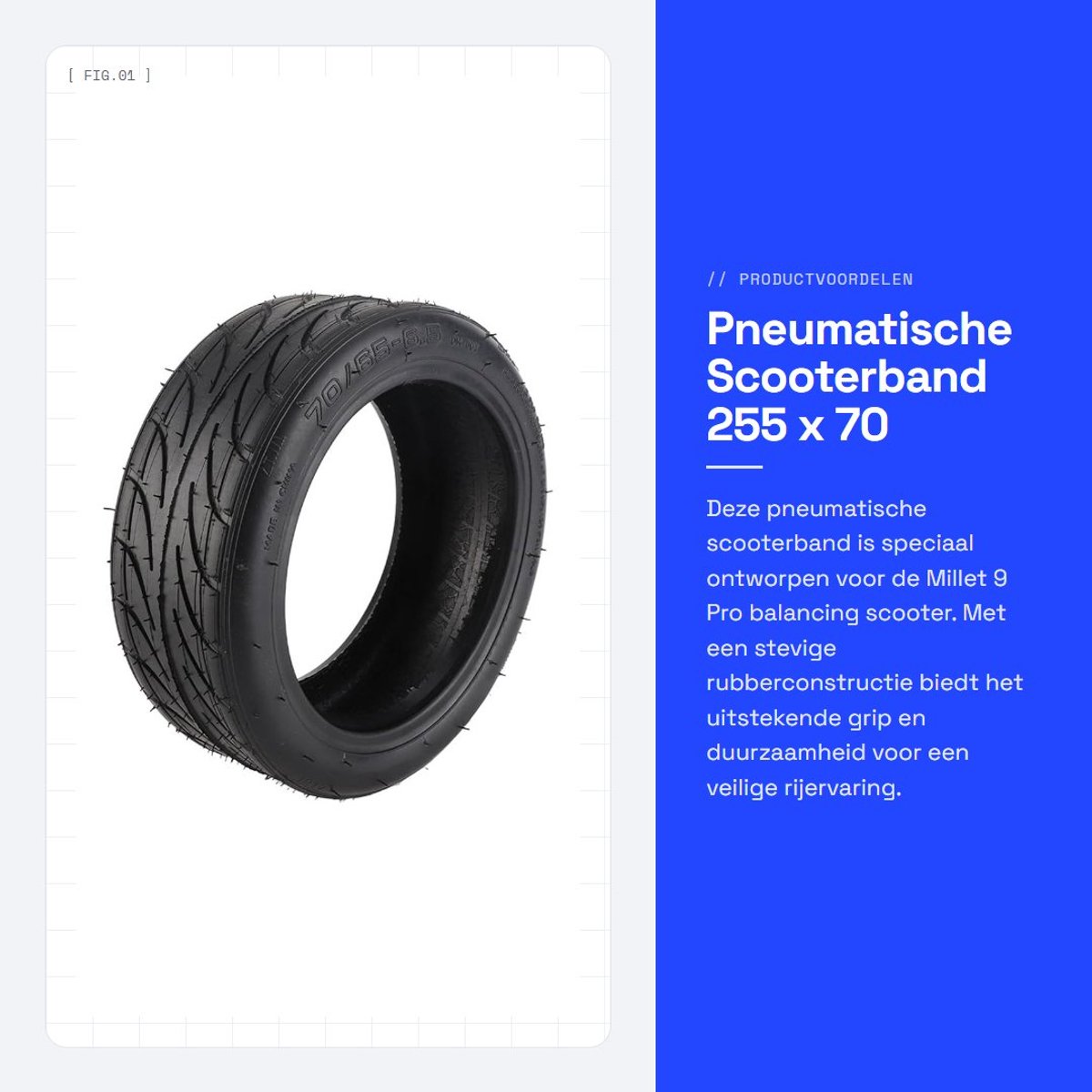Dailygoods- Scooterband 255 x 70 - Opblaasbare Buitenband - Pneumatische Band - Geschikt voor Millet 9 Pro - Schokabsorberend - Duurzaam Rubber