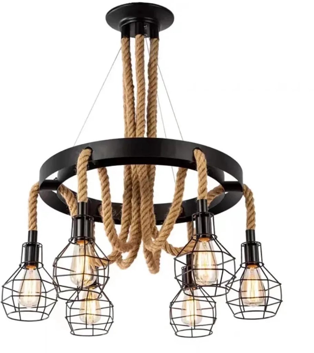 Industriële Ronde Touw Hanglamp - 6-Lichts Kroonluchter met Metalen Draadkooien - Matzwart Staal & Henneptouw - Vintage Plafondlamp - Exclusief Lampen