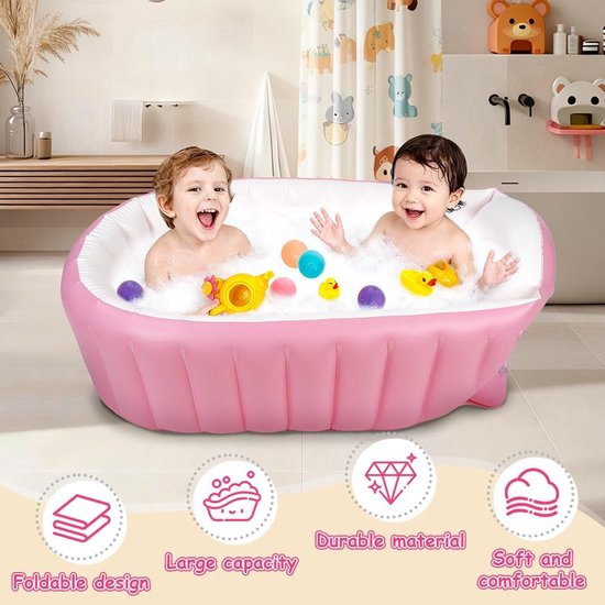 Opblaasbaar babybadje, draagbaar peuterbad, babybad met luchtpomp, inklapbaar, antislip, babybad, reisbad voor baby, opvouwbare douchebak, mini-luchtzwembad, douchebak (roze) — afbeelding 2
