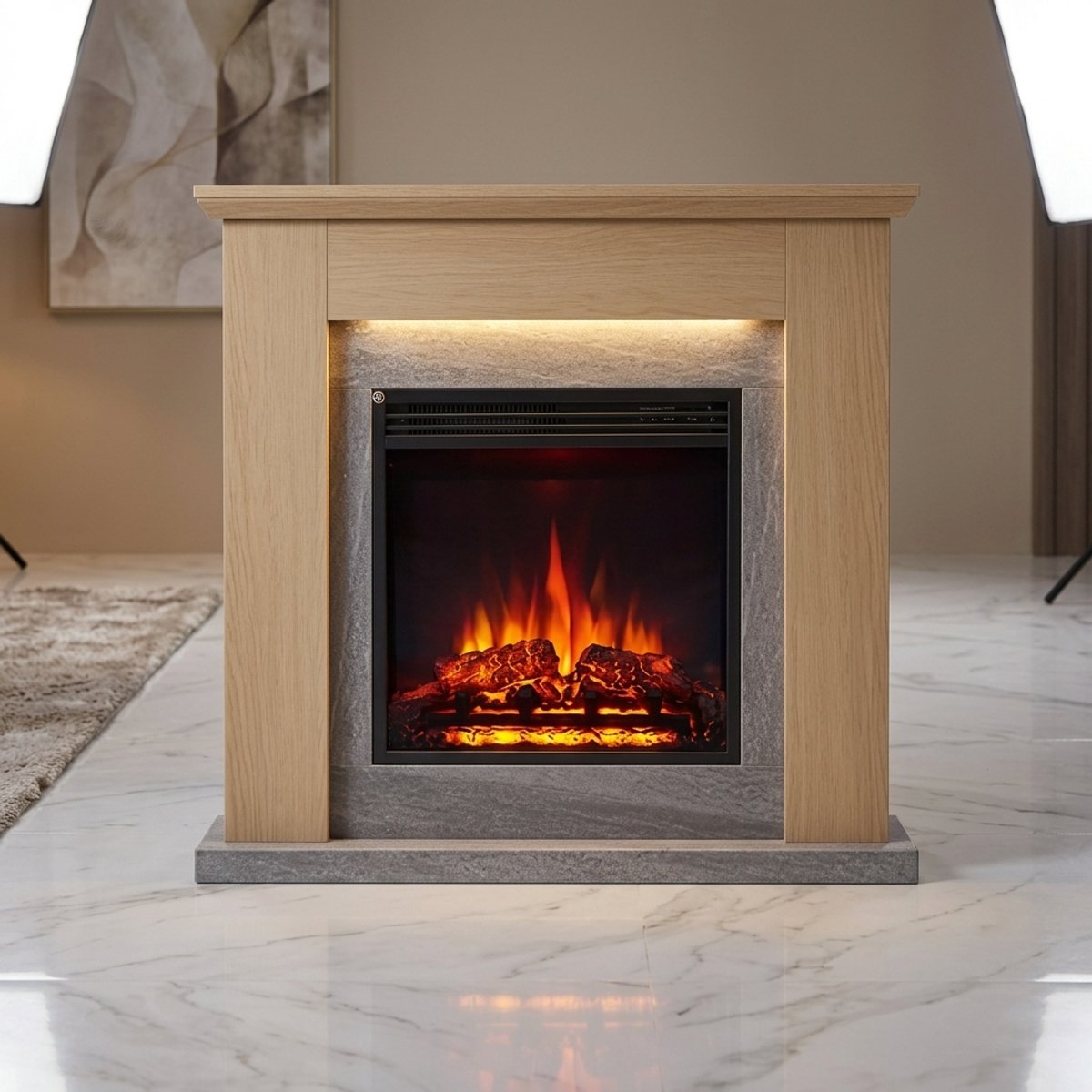BALDERIA Pandora Vrijstaande Elektrische Sfeerhaard met Verwarming 2000W – 3D Realistisch Vlameffect, LED Open Haard met Afstandsbediening, Thermostaat & Timer – Klassieke Design Haard Lichtbruin – Medahomestore