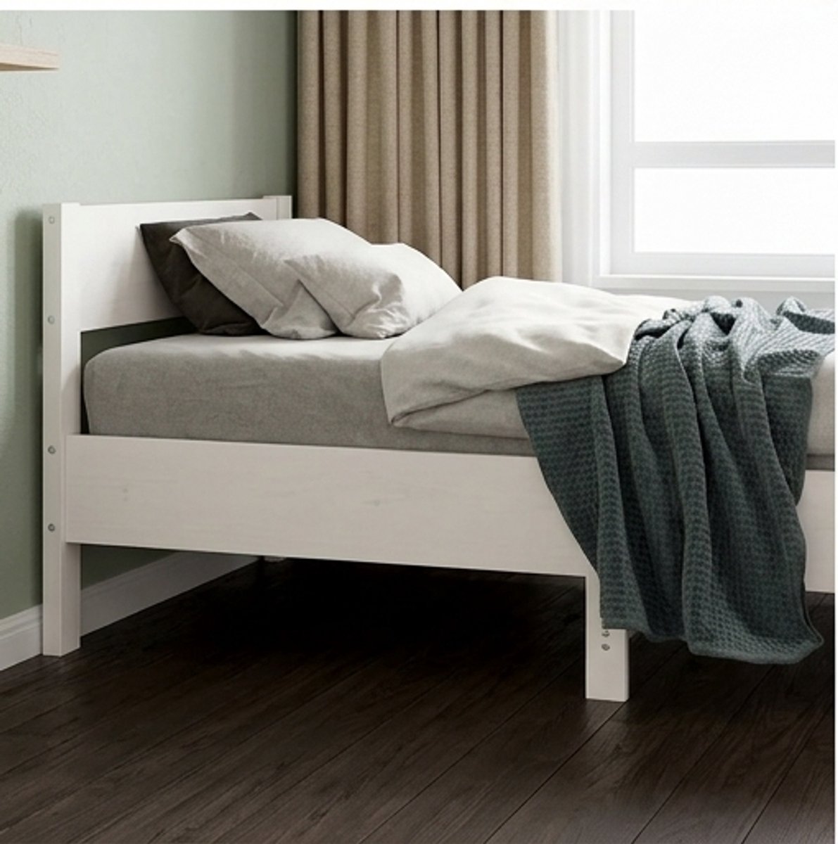 Massief Grenen Eenpersoonsbed 90x200 cm met Hoofdbord – Wit Houten Bedframe Jeugdbed / Slaapkamerbed met Stevige Lattenbodem – Medahomestore