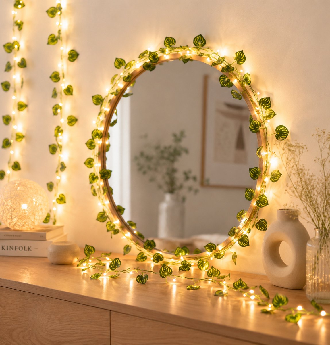 Lynn's Led Botanisch Lichtsnoer - Gestreepte Groene Blaadjes - 5 Meter - 50 Lampjes - Warm Wit - Batterij - Fairy Lights