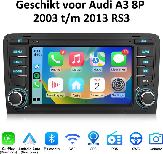 Junsun Android 15 Autoradio geschikt voor Audi A3 8P 2003 t/m 2013 RS3 - Draadloze CarPlay & Android Auto - Bluetooth - GPS navigatiesysteem - Stuurwielbediening - WiFi - RDS - 7-inch Touchscreen - DSP - FM - Plug & Play