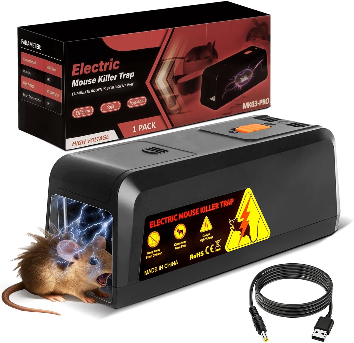 Dailygoods- Elektrische Rattenval 2800 V - Hoogspanning - Herbruikbaar - Hygiënisch - Ideaal voor Binnen/Buiten - Doodt Ratten Pijnloos - Knaagdierenval