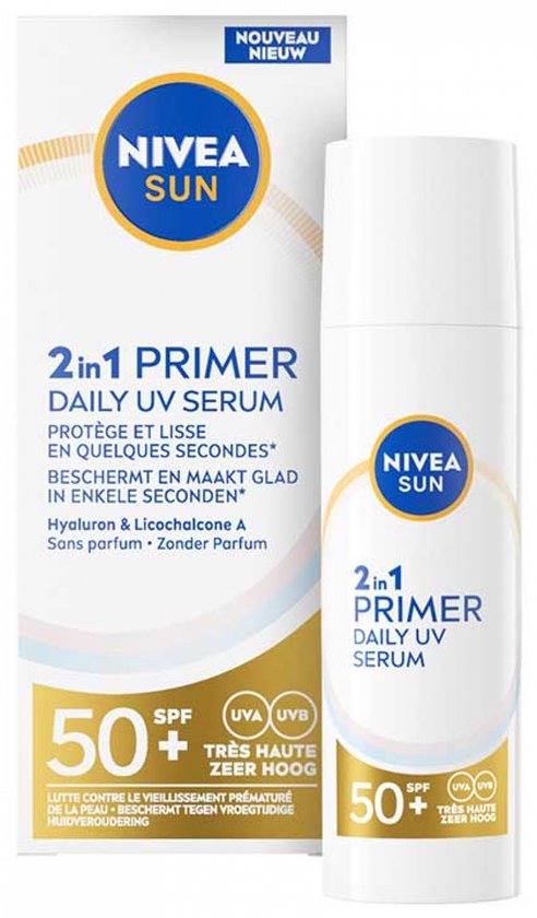 Doos en fles NIVEA SUN 2-in-1 Primer Daily UV Serum met SPF 50+. "Nouveau Nieuw".