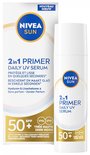 Doos en fles NIVEA SUN 2-in-1 Primer Daily UV Serum met SPF 50+. "Nouveau Nieuw".