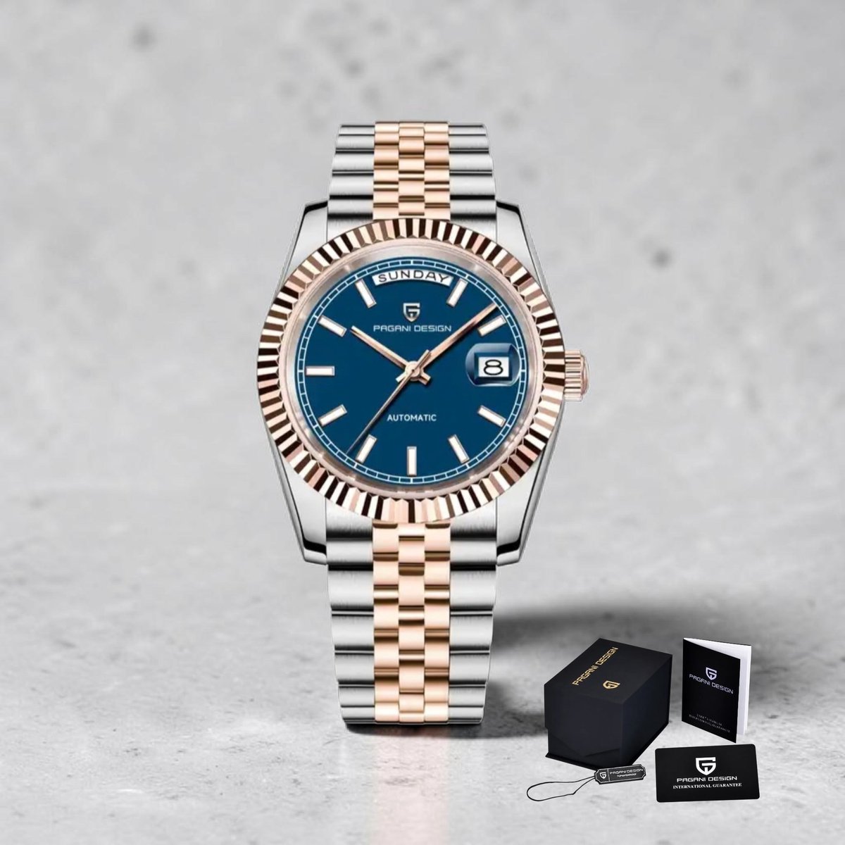Pagani Design PD-1752 Automatisch Herenhorloge Blauw Wijzerplaat - Tweekleurig Staal Rose Goudkleurig - 36mm