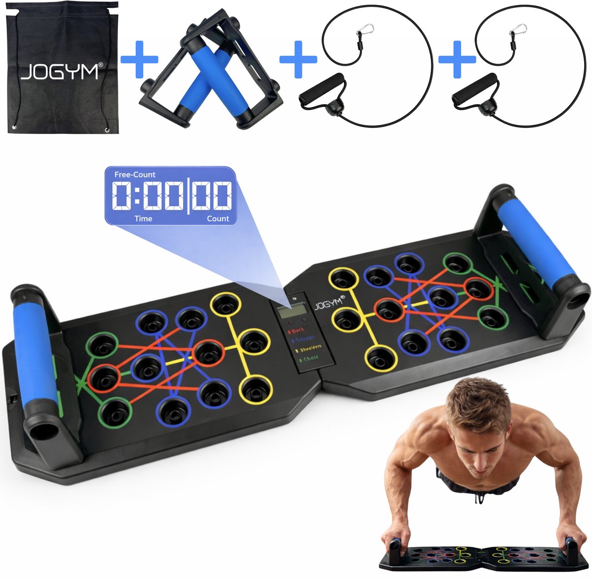 JOGYM® - Push Up Bord - Push Up Bar - Opdruksteunen - Push Up Board - Opdruk Bord - Weerstandsbanden en Elektronische Teller - Parallettes- Grips - Bars - Fitness - Sport spullen - Krachttraining