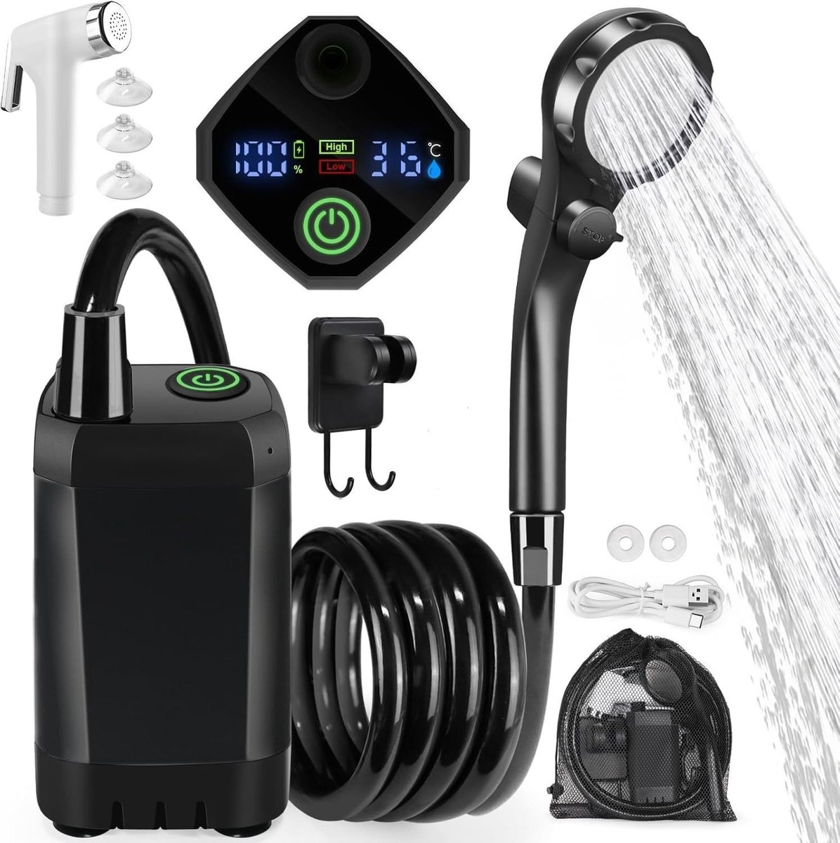Camping Douche - Draagbare Douche - Buitendouche Camping - Buitendouche - Tuindouche - Lange Levensduur 6000mAh - Intelligente LED-display - Douchekop met 4 Sproeistanden - IPX7 Waterdicht - Voor buiten, Wandelen, Reizen, Auto en Huisdieren - Zwart
