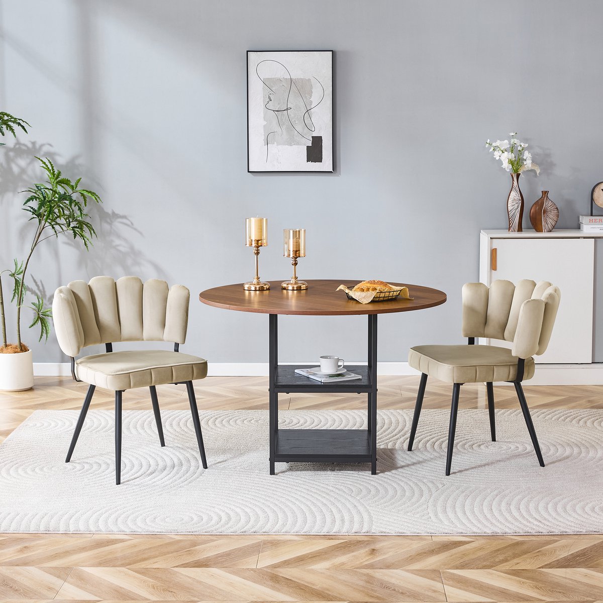 MIVRAY Eethoek 107 cm - Ronde Eettafel Met 2 Stoelen En Dubbele Opbergruimte - Voor Kleine Woning - MDF Metaal Stof Lichtbruin, Walnootkleur, Zwart